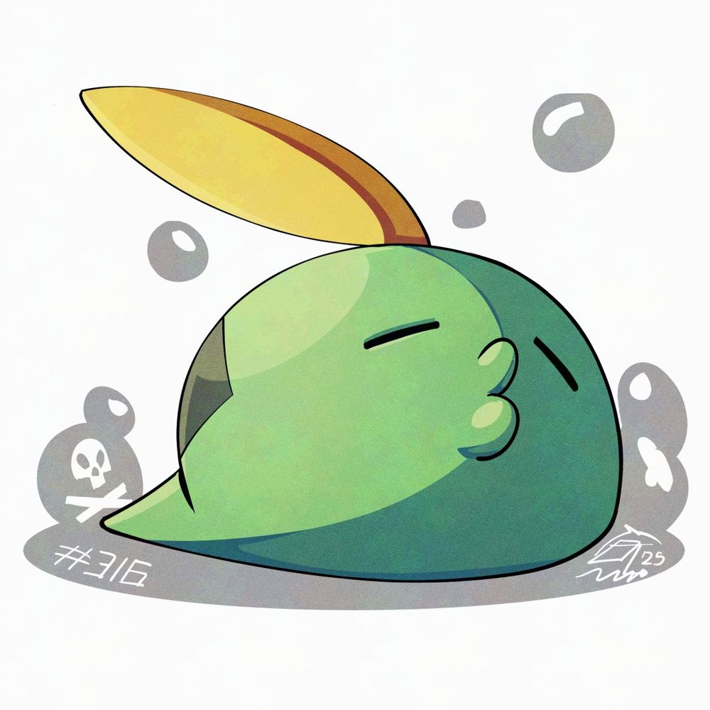 Illustration of Gulpin. The Pokémon seems to be slithering towards our right, making a calm and relaxed expression.