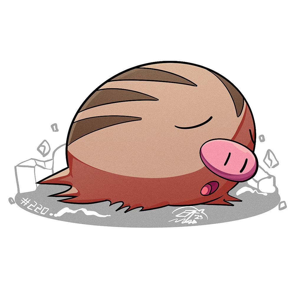 Illustration of Swinub. The Pokémon is moving towards our right, slithering, and it's slightly tilted backwards. It's mouth is open in a bit of a surprised fashion.