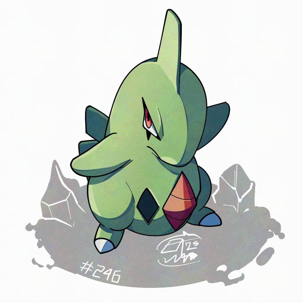 Illustration of Larvitar. We're looking down at the Pokémon, who's standing widely and sturdly on the ground, with its arms raised and looking to the side angrily, like it's preparing to attack.