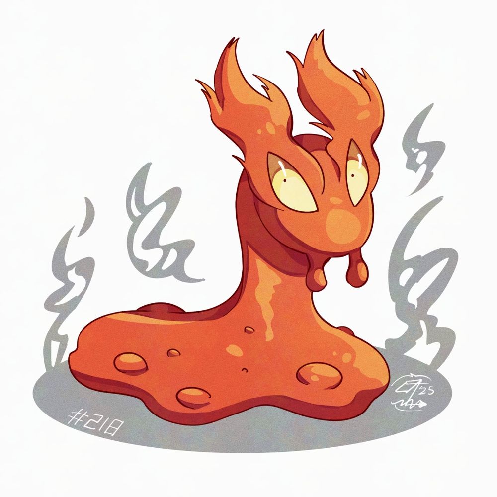 Illustration of Slugma. The Pokémon is slowly slithering towards our right, its head is facing the right too but its eyes are looking at the viewer, menacingly.
