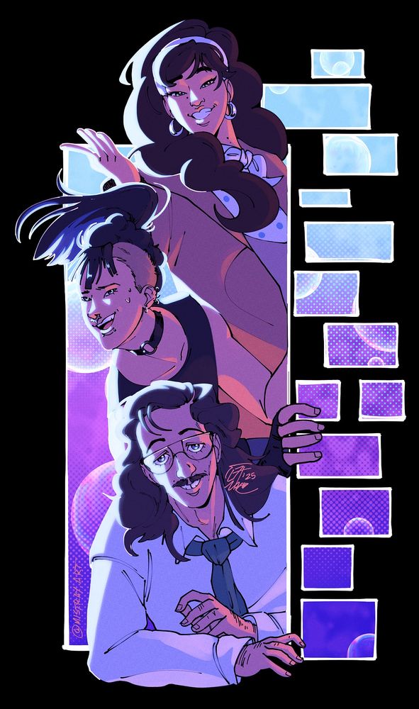 Illustration of (starting from above) Estelle, Sammy and Ratrick. The three characters are enclosed in a rectangle and are peeking out of it as if they were peeking out of a wall. Estelle at the top has a big smile and is making a gesture with her right hand, Sammy in the middle is holding onto the border with their right hand and it looks to be a little nervous, and Ratrick at the bottom has his arms crossed and is supporting them on the "ground". There are more rectangles to our right simulating a brick wall, the background has some bubbles in it.