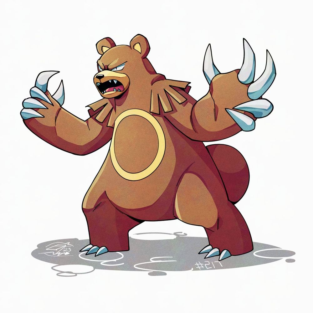 Illustration of Ursaring. The Pokémon has a wide, sturdy stance and is looking to our left. Its arms are flexed and both of its hands are making a threatening claw-pose, its mouth is open and it's roaring menacingly.