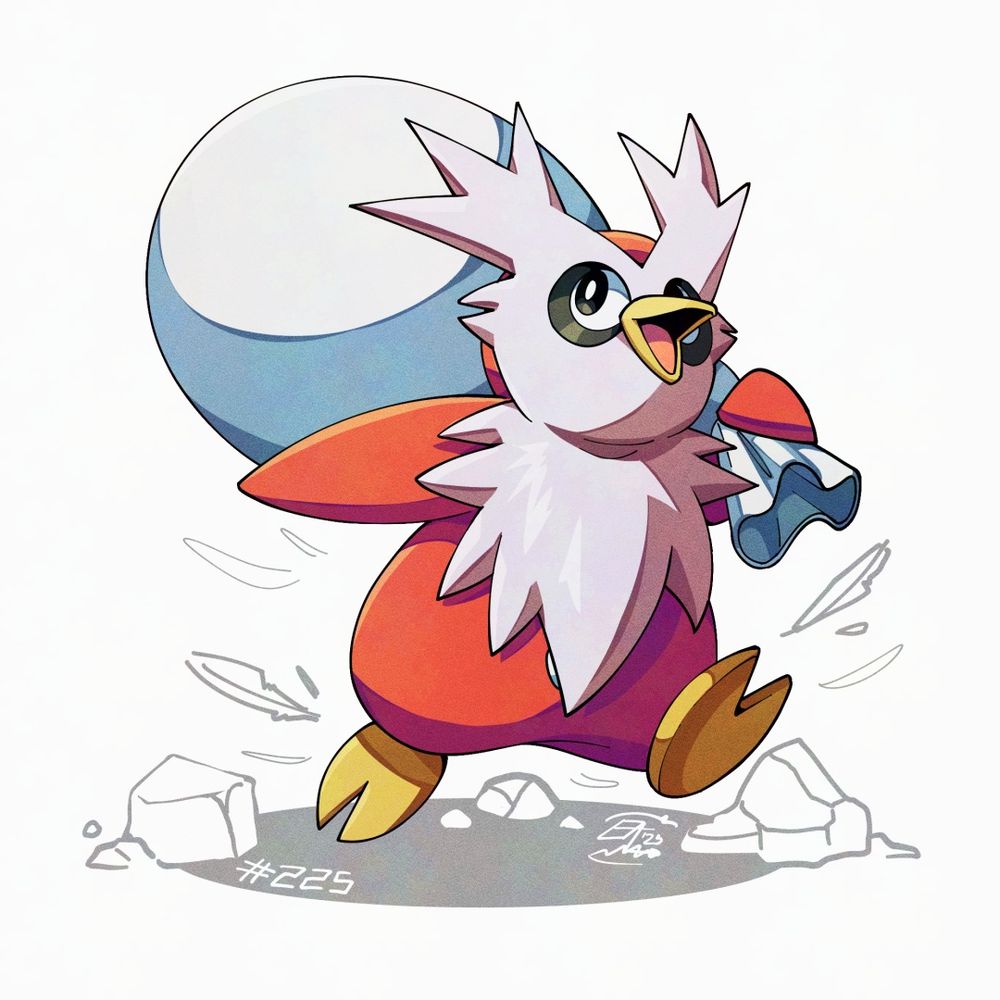 Illustration of Delibird. The Pokémon is racing towards our right and we're looking up at it. It's looking up with a smile on its beak and it's holding its white bag.