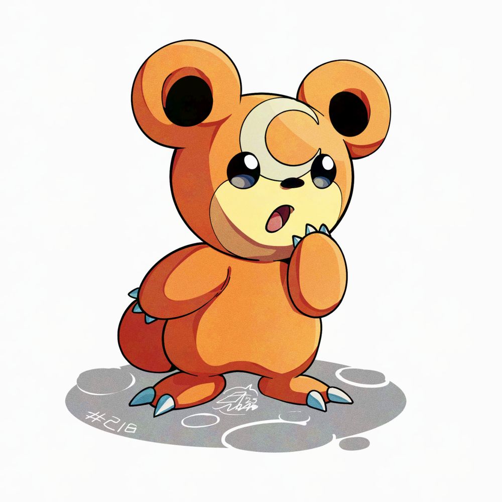 Illustration of Teddiursa. The Pokémon is looking to our right and it has its left paw on its face, as it's making a surprised/curious expression.