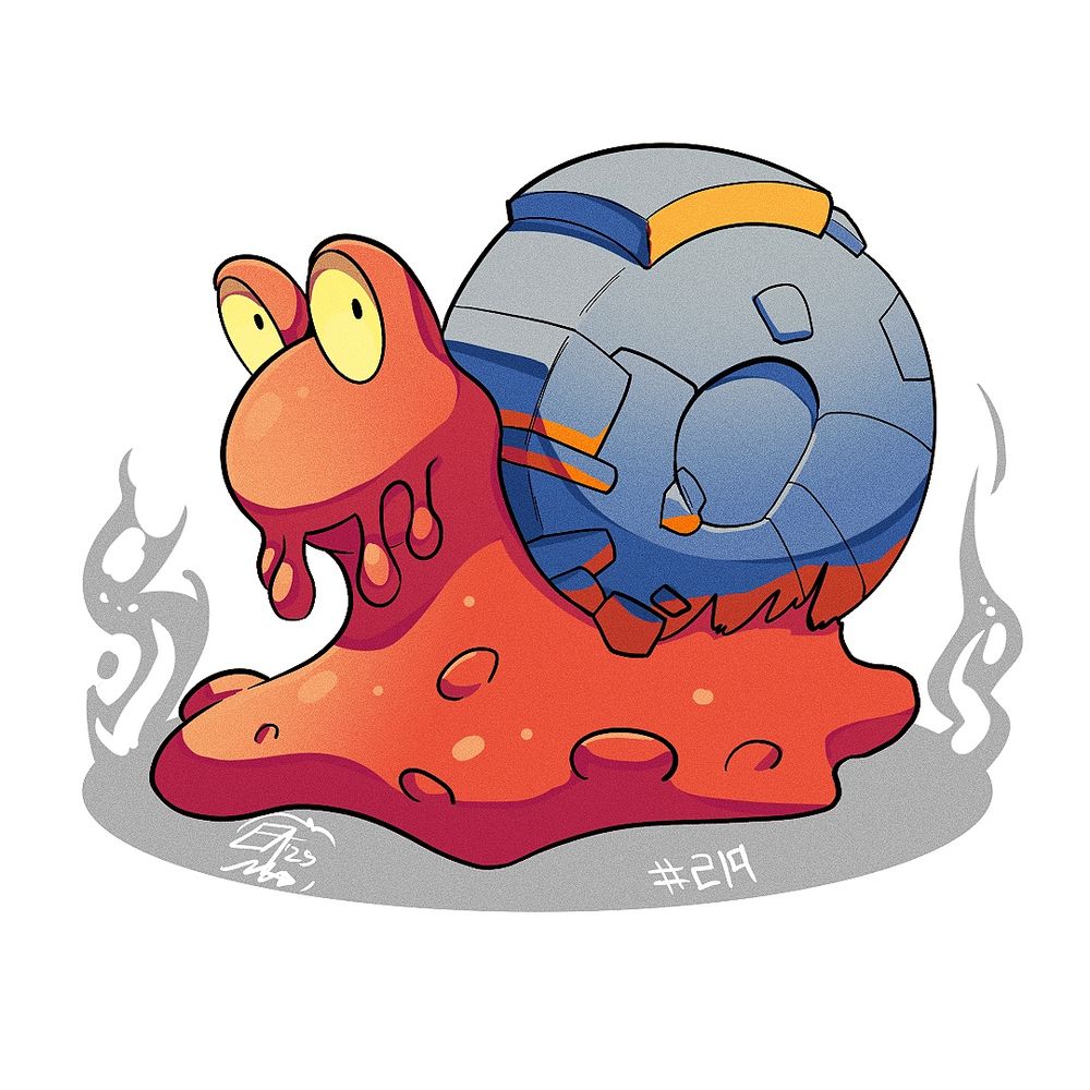 Illustration of Magcargo. The Pokémon is oriented towards our left and it's looking at us with it's head slightly bent and a shy expression.