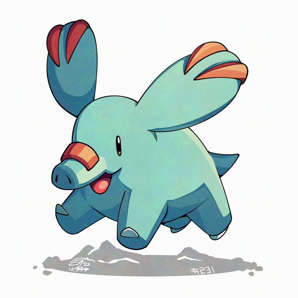 Illustration of Phanpy. The Pokémon is mid-air, as if it's about to land on the ground after a big jump. All of its legs are stretched out and its big ears are mid-air as well following the motion of its body. It has a big smile on its face.