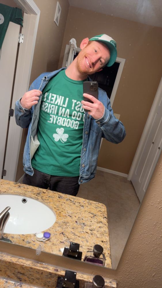 st Patrick’s day fit: green day drinking hat, green shirt: most likely to irish goodbye