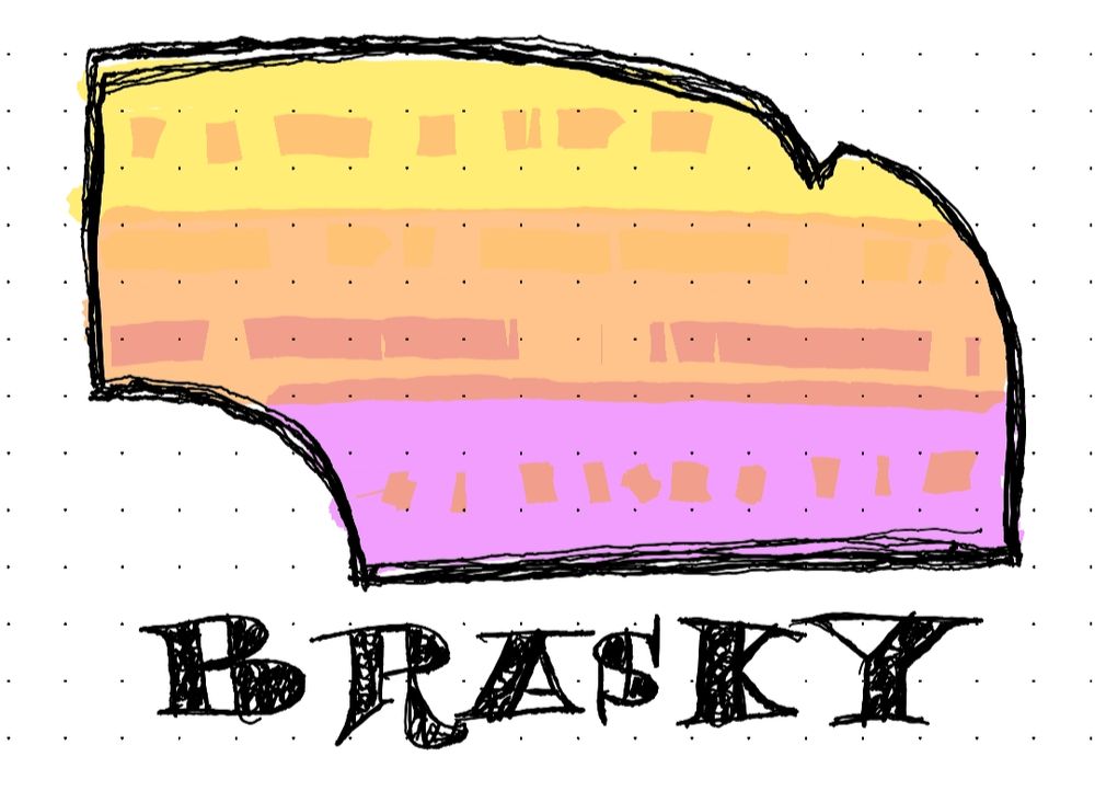 a rounded, simplified, cartoony-styled outline of the state of Nebraska. Colors calling to mind sunrise and sunset change from yellow to orange to lilac cascade from the top of the state to the bottom. Beneath, a stylized serif font spells out in all caps "BRASKY" 

white dotted digital notebook background