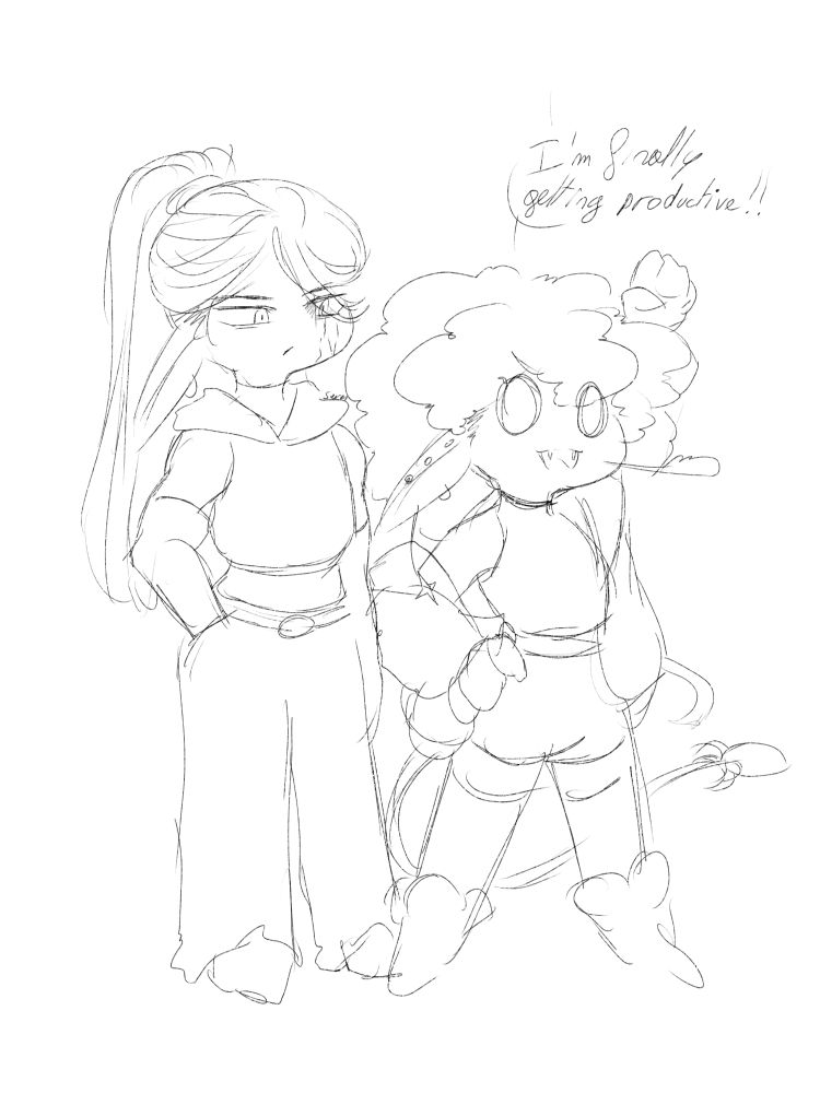 A drawing of my Sona with one of their alter egos, Nightmare. My Sona looks proud, saying "I'm finally getting productive!!", while Nightmare looks at them unbothered.