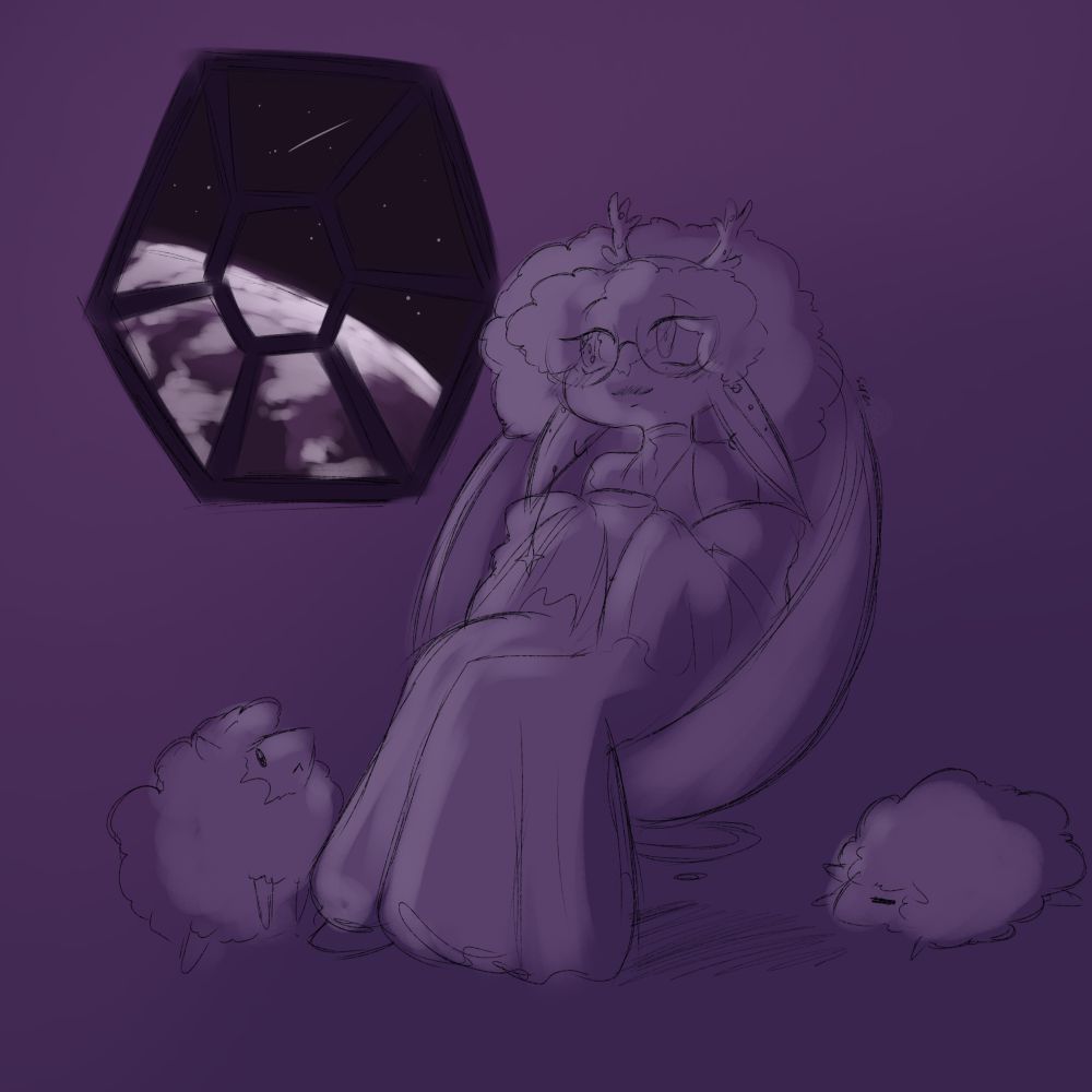 A drawing of my Sona wrapped in a blanket, sitting near a window showing the earth.
On the ground, there are two sheeps.