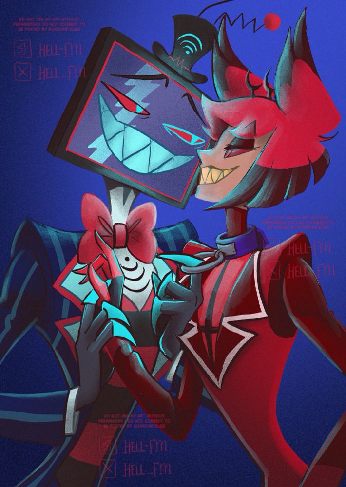 Vox and Alastor are in this picture from the waist up, Vox is pulling Alastor close by an o-ring attached to a collar. 
His other hand is almost cradling Alastors, with his index finger pressing down on Alastors palm. But the gesture is also possessive. Alastor just smiles at Vox with an unreadable, indifferent expression. He seems relaxed.
Vox, on the other hand is grinning from ear to ear, looking very smug.