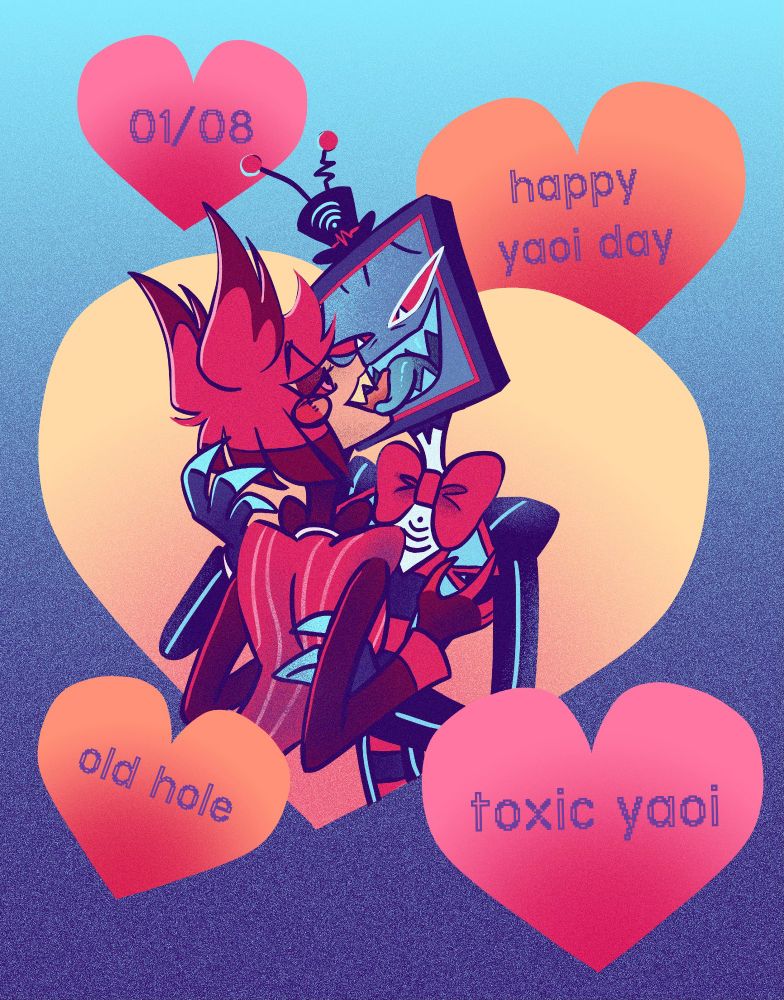 alastor and vox passionately making out with their tongues out while floating in a yellow heart, surrounded by other orange or pink hearts that read "01/08", "happy yaoi day", "old hole" and "toxic yaoi"