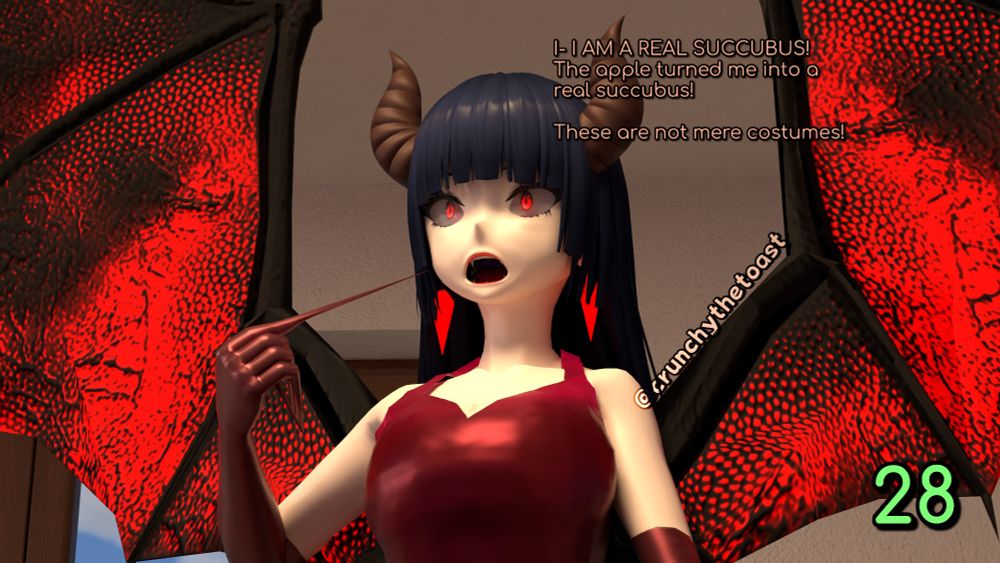 Yvonne, surprised: "I- I AM A REAL SUCCUBUS! The apple turned me into a real succubus! These are not mere costumes!"