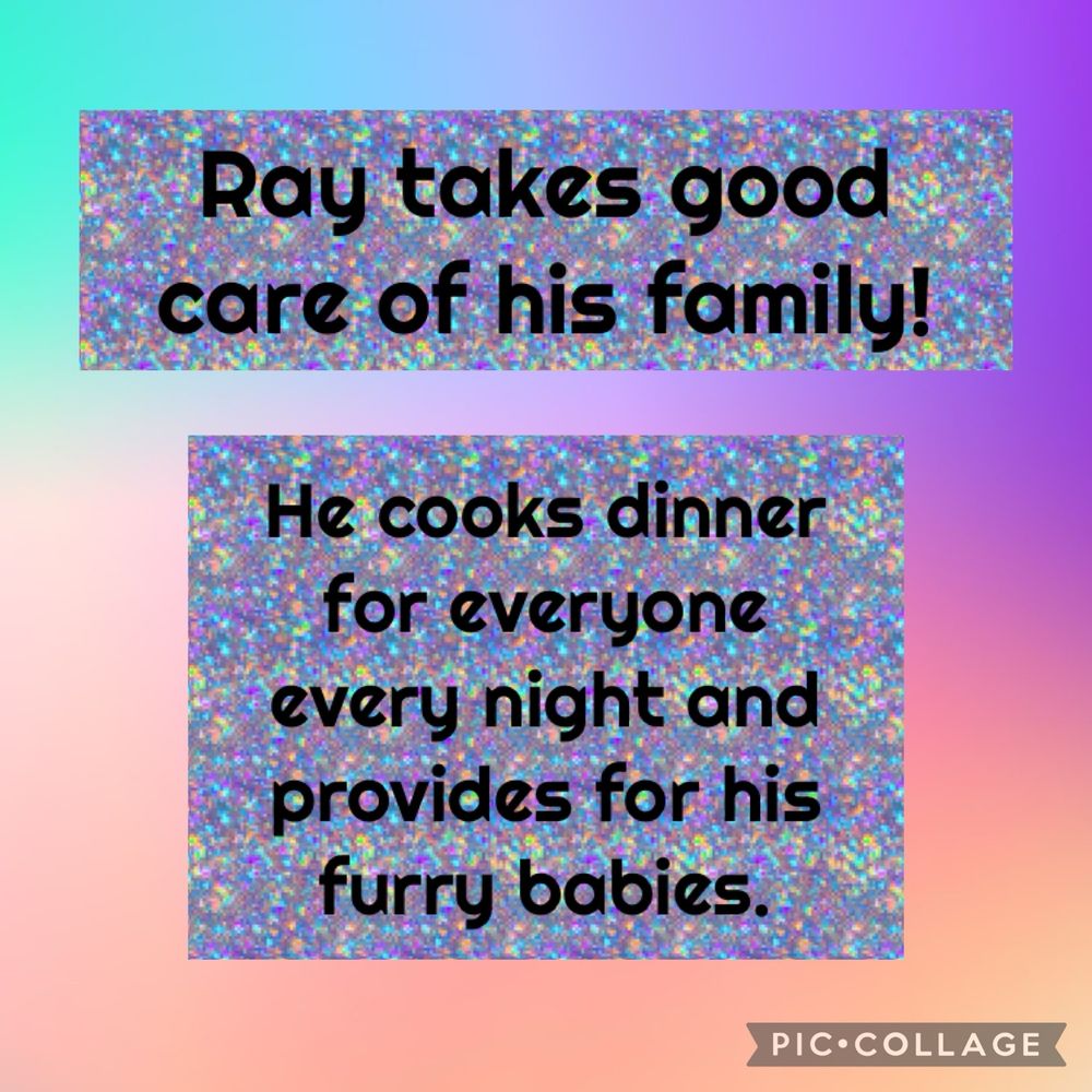 Colorful pastel background. Black text on glittery highlights 

Ray takes good care of his family!
He cooks dinner for everyone every night and provides for his furry babies.
[PIC•COLLAGE]