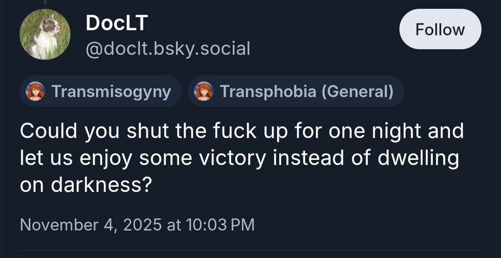 Screenshot of user @doclt.bsky.social 's post, showing that user has received warning labels for Transmisogyny and Transphobia