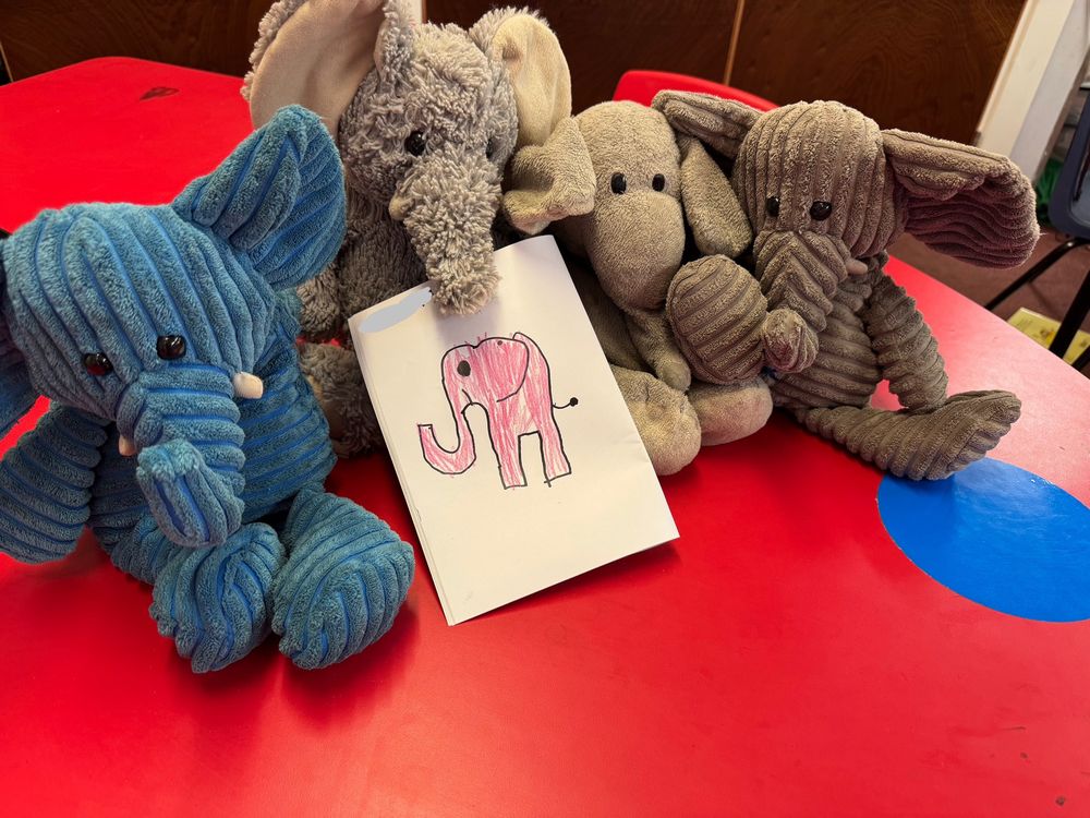 Some of our class elephants with a child’s drawing of an elephant.