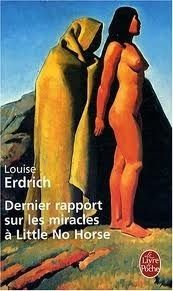 Book Cover Design for THE LAST REPORT ON THE MIRACLES AT LITTLE NO HORSE by Louise Erdrich: Painting of hooded figure and naked female figure standing in grass in front of large rock formation. Author's name and book title flush left just below center in white sans serif type.