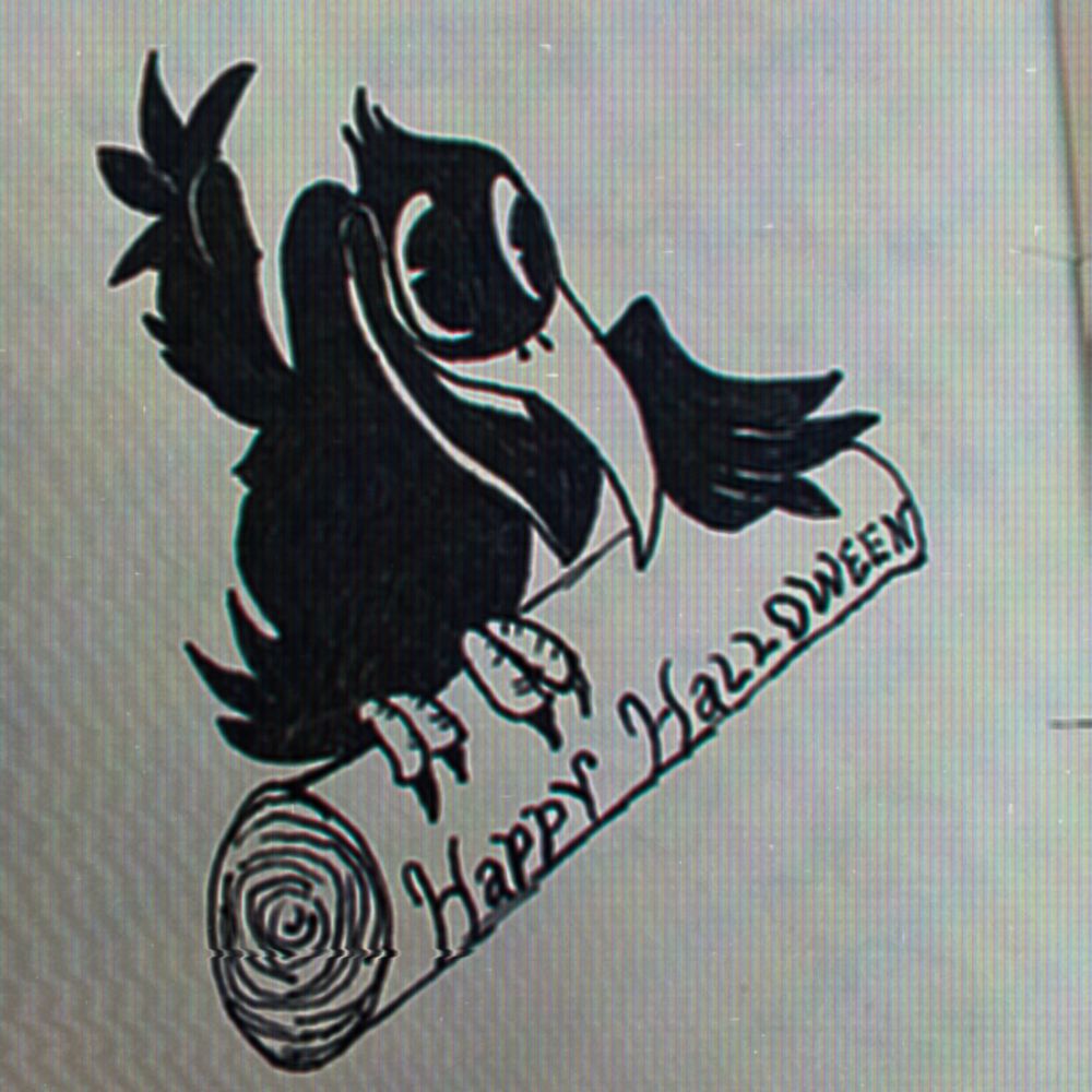 Rubber hose style cartoon drawing of crow perched on a log that says Happy Halloween 