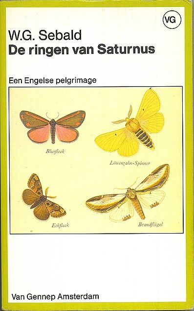 Book cover design for THE RINGS OF SATURN by WG Sebald: Yellow square in middle with illustration of 4 butterflies. White background behind square with name and title at top in sans serif type.