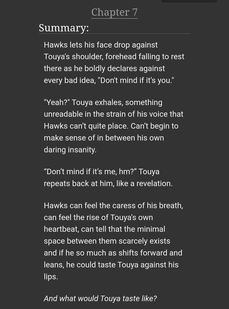 Summary of dabihawks fanfic "You're the fire to my fried chicken" by Hokuusu on ao3 