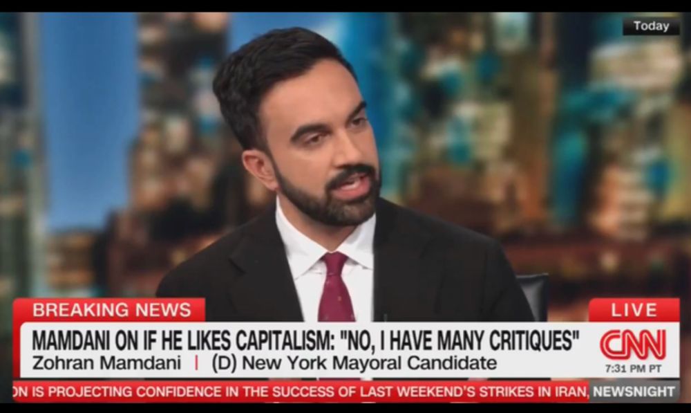 A screenshot of Zohran Mamdani, Democratic New York mayoral candidate, during his recent CNN interview. The ‘Breaking News’ chyron reads: Mamdani on if he likes capitalism: “No, I have many critiques”