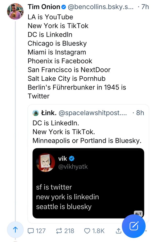 Tim Onion:
LA is YouTube
New York is TikTok
DC is LinkedIn
Chicago is Bluesky
Miami is Instagram
Phoenix is Facebook
San Francisco is NextDoor
Salt Lake City is Pornhub Berlin's Führerbunker in 1945 is Twitter

Quote posts a post by @spacelawshitpost:

DC is Linkedin.
New York is TikTok.
Minneapolis or Portland is Bluesky.

Which includes an image of a Twitter post from Vik on Twitter that says:

sf is twitter
new york is linkedin
seattle is bluesky
