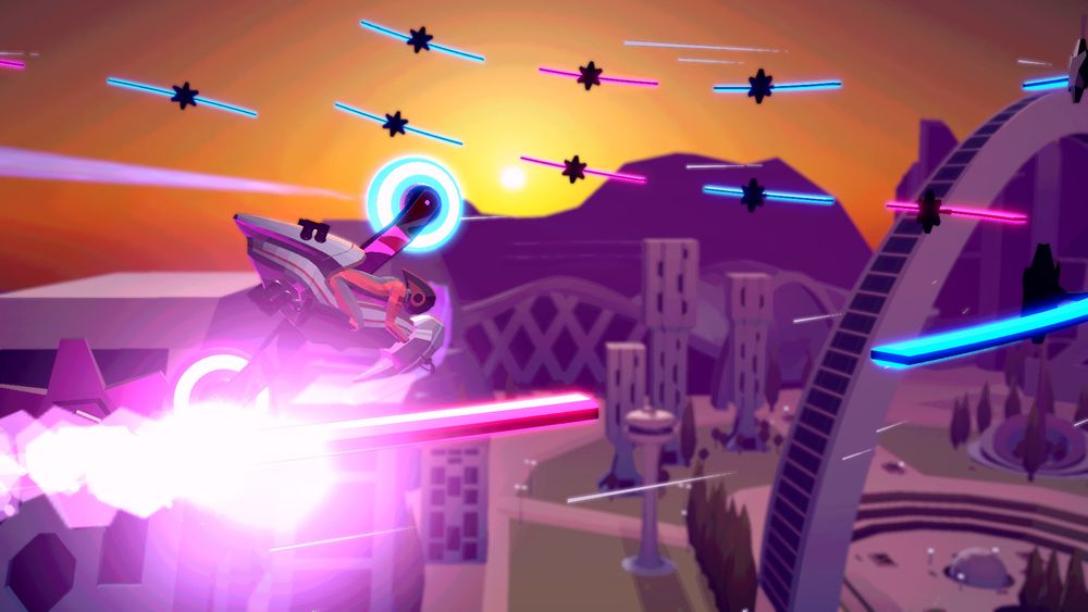 A screenshot from the game FutureGrind showing a futuristic motorbike-like machine being driven along brightly coloured rails suspended in the sky.