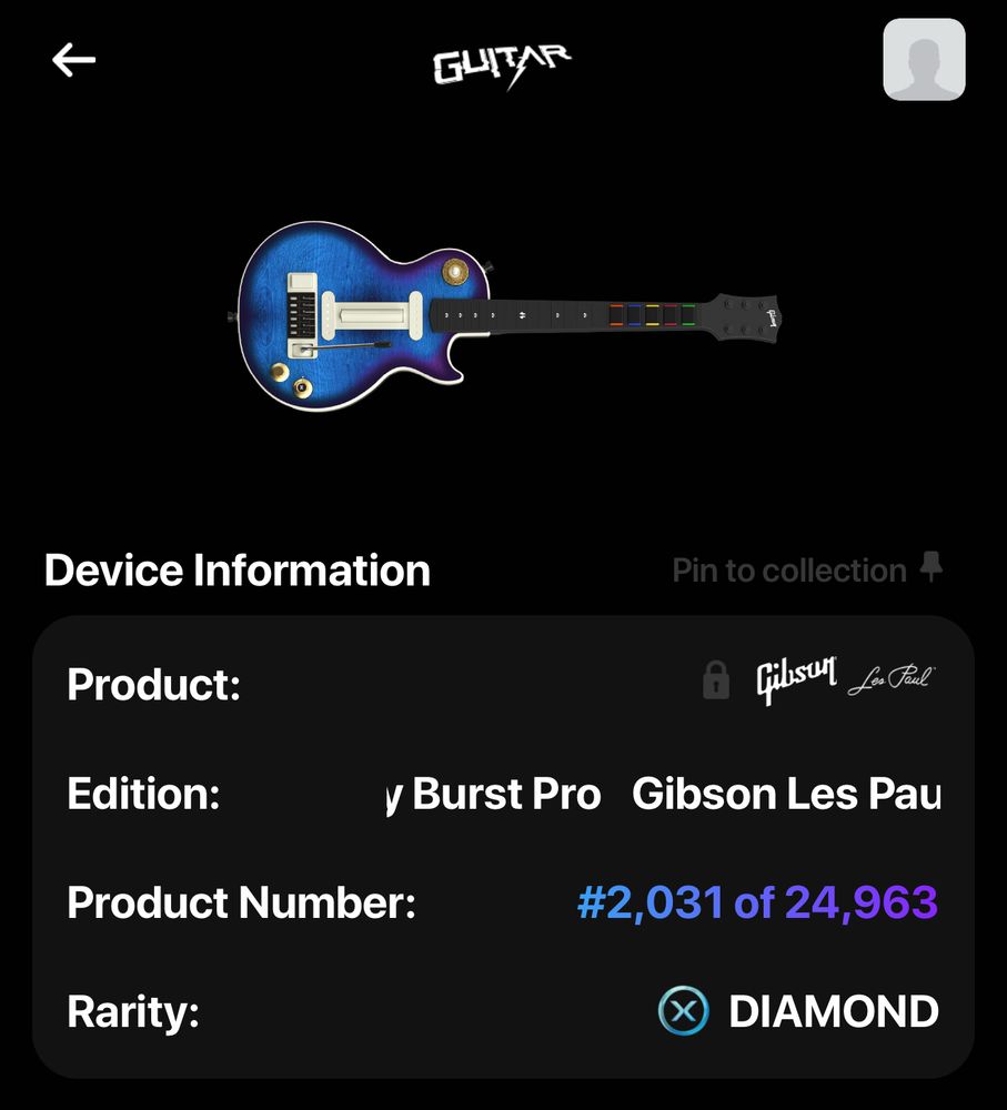Screen of Cian’s CRKD Les Paul controller and its rarity in the CRKD iOS app. A render of the blue Les Paul guitar controller is shown along with info about the device and its rarity.