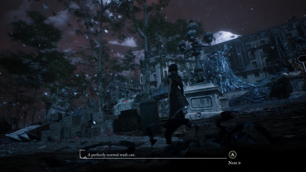 A screenshot from Clair Obscur: Expedition 33. Lune stands in Lumiere, examining a trashcan. The text says “A perfectly normal trash can.”