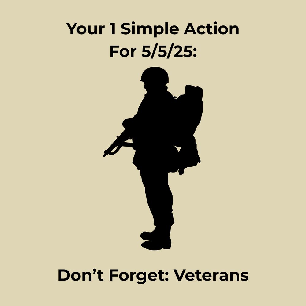 Background is sand colored. Image shows the silhouette of a soldier holding a rifle, with a helmet, boots, and pack on. Text reads: "Your 1 Simple Action for 5/5/25: Don't Forget: Veterans."