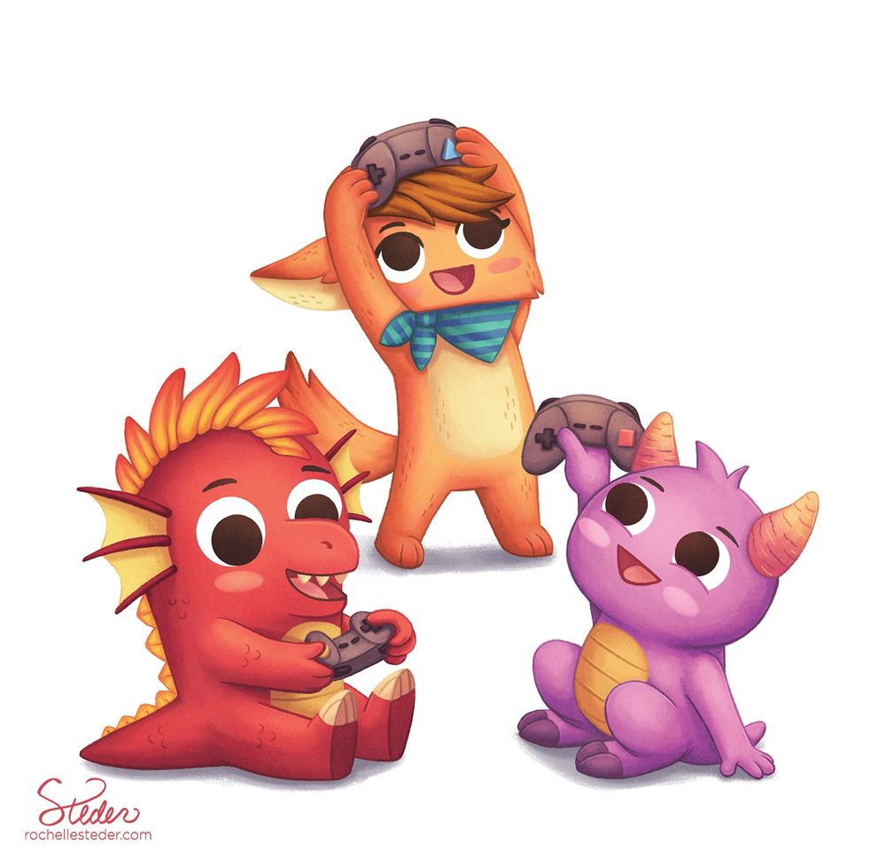 Children's book illustration of 3 cute monsters holding unique video game controllers.