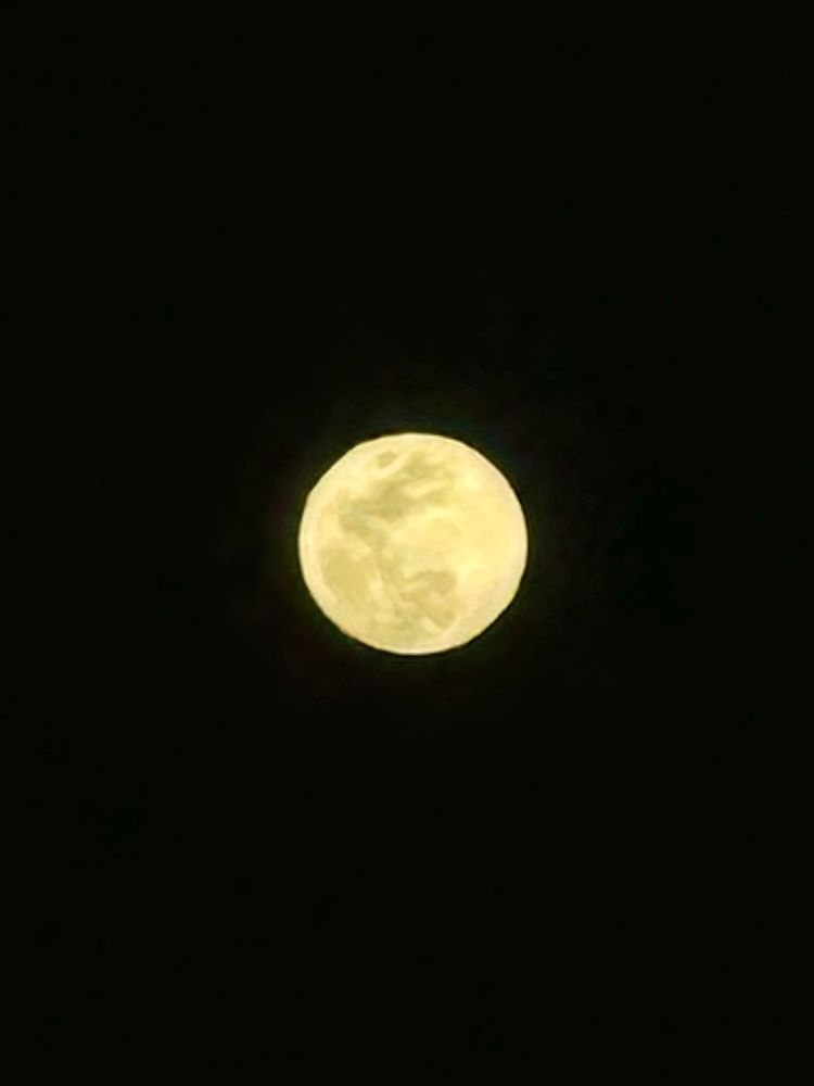 A picture of the full moon taken last night. A yellow-ish orb with smudges on it which are actually topographical shadows and highlights on the surface of the sphere shining in the black night sky. 