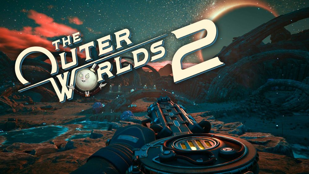 Space environment with planets and stars in the background, a sci-fi gun being held in POV in the foreground, "The Outer Worlds 2" logo top left