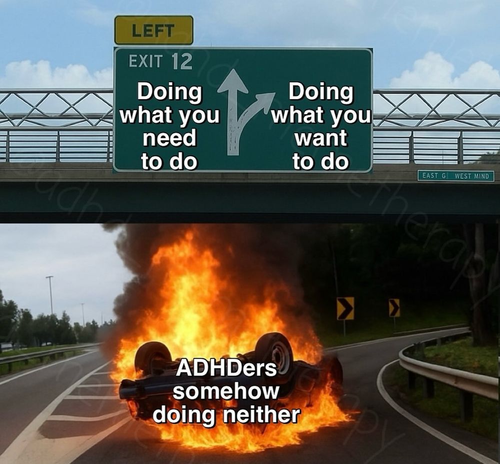 Road sign, two directions: "doing what you need to do", and "doing what you want to do", car underneath between the two directions upside down and on fire, "ADHDers somehow doing neither"