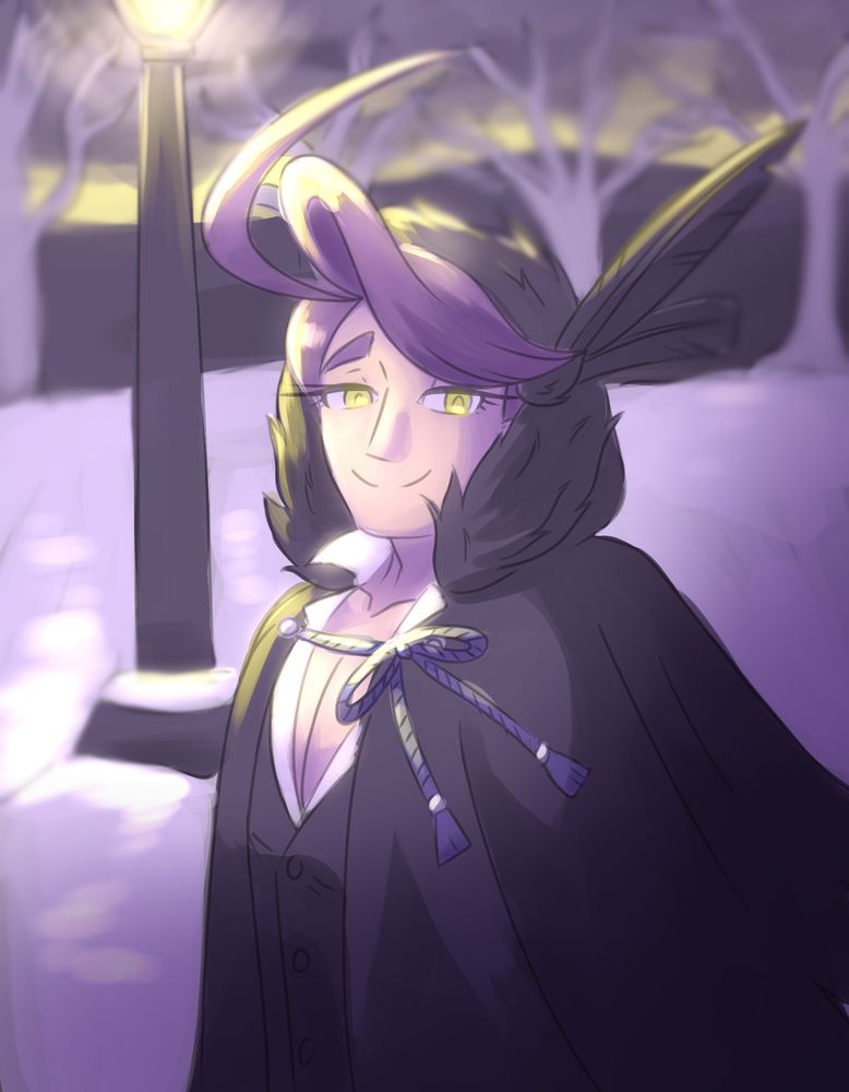 English: Digital illustration of a man in a snowy landscape at dawn. He is wearing a black cape and is smiling gently towards the camera. / 日本語：デジタルの絵です。夜明けに雪景色で男は立っています。彼は黒いマントを着ながら優しい笑顔をしている。