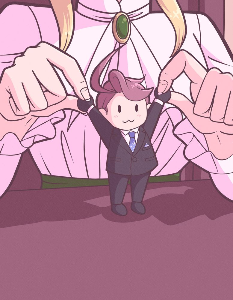 English: A series of three digital illustrations. In this first one, a woman is sitting at a dark wood table. Her face cannot be seen due to the framing, but she is wearing a white blouse and a jabot with a green-gem pendant. She has light skin and locks of her blonde hair are visible. There is a second character, a tiny man with short brown hair and light skin, drawn in a chibi art style. He is wearing a black suit with a blue moon and star patterned tie. His expression is a cheerful cat-like smile. The chibi character is standing on the table in front of the woman, back towards her, as she holds his hands up high with her index fingers and thumbs. 日本語：一連のデジタルイラストです。このイラストが一番目です。女の人は暗色のテーブルに座っています。フレーミングので、顔が見えません。緑の宝石ペンダントがある白いジャボと白いブラウスを着ています。薄い肌色を有しています。長くて金髪の髪が見えいます。他のキャラがいます。彼が小さいちびキャラです。短くて茶色の髪と薄い肌色を有します。月と星柄青いネクタイと黒いスーツを着ています。陽気で猫のような表情をしています。女の人に背中を向けながら、ちびキャラはテーブルの上に立っています。彼女は彼の両手を指で持ち上げいます。