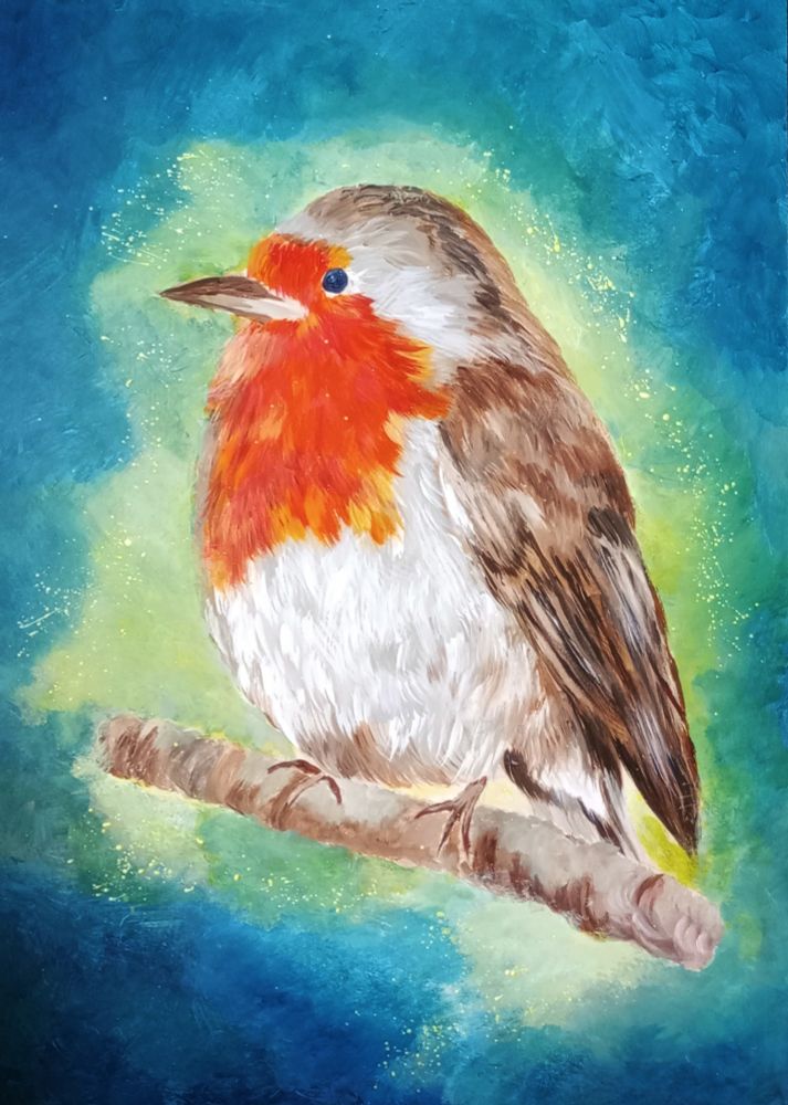 A work in progress of a robin redbreast. Created using acrylic paints on A3 board.