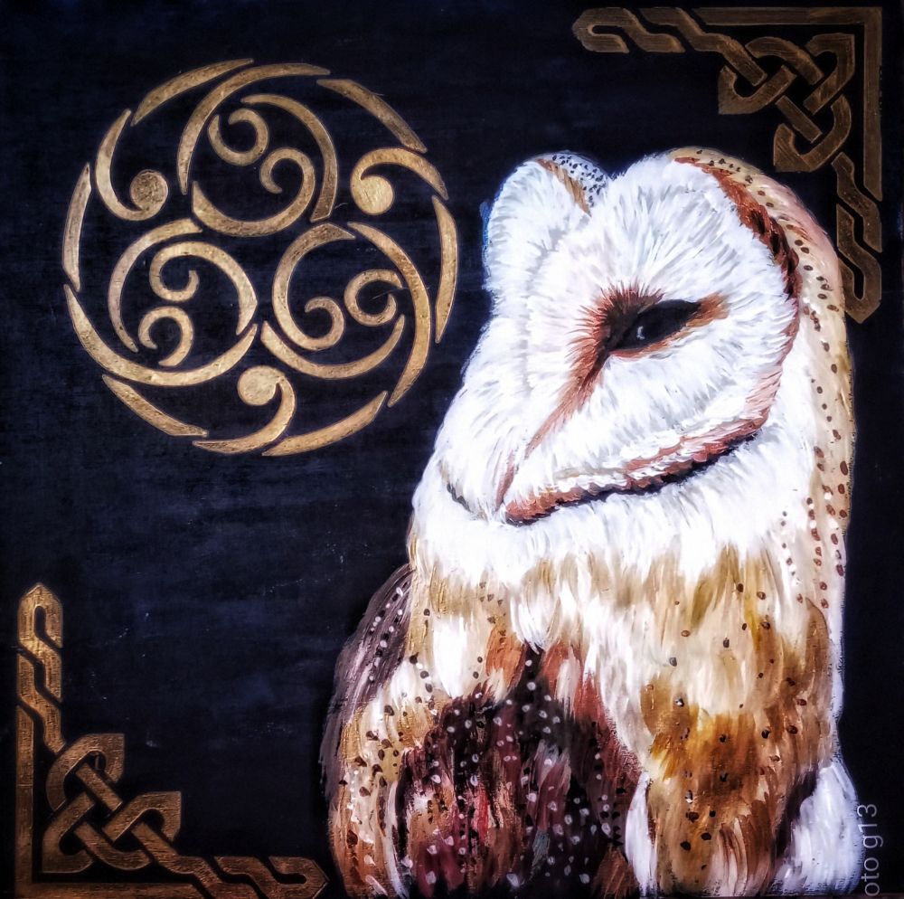 An original artwork of an owl with Celtic knotwork. I created this piece using acrylic paints on 12x12" board.