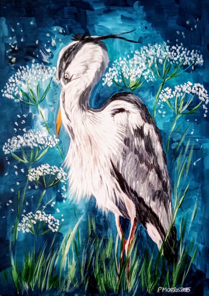 An original artwork of a heron with wildflowers. Created using acrylic paints on A3 board.