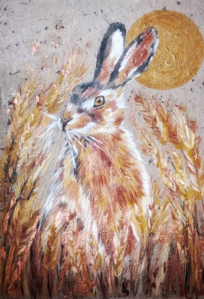 Original mixed media artwork of a hare with moon and sheafs of barley. Created using acrylic and copper leaf on mulberry paper.