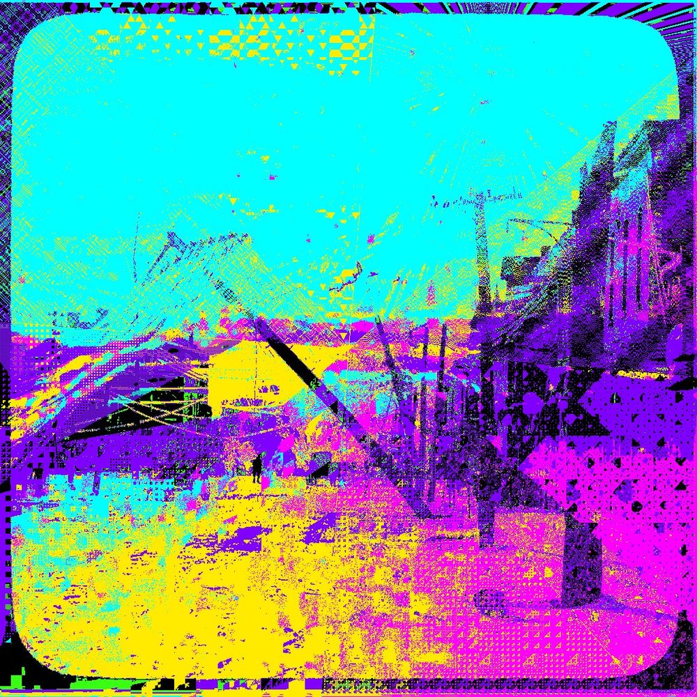 a grunge, brutalist-style graphic design frame border with colorful halftone patterns and textures of an urban scene featuring city buildings, bridges, and people walking on the streets. the color palette includes shades of yellow, purple, teal, and blue, with a grainy texture effect reminiscent of a risograph print. abstract digital glitch art, colorful purple, yellow, teal, and blue grunge texture, bold lines, city street scene, pop-up card, vector graphics, halftone screen print, glitchy 