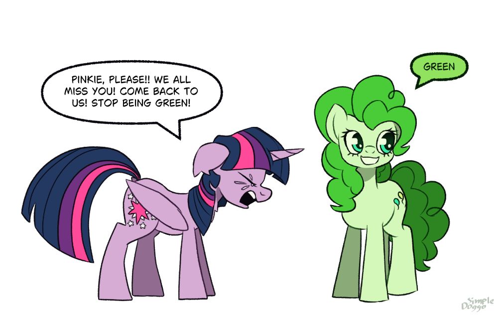 Twilight pleads with Pinkie Pie to "come back to us" and "stop being green!" Pinkie, who is green, says "green".