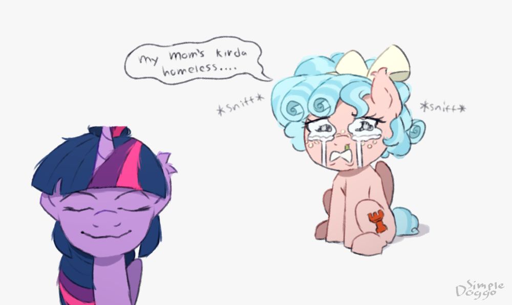Sobbing Cozy Glow says "My mom's kinda homeless" while Twilight tries not to laugh.