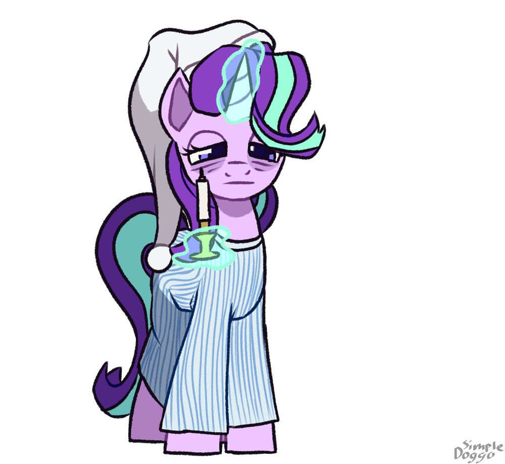Starlight Glimmer wearing a nightgown and carrying a candle.