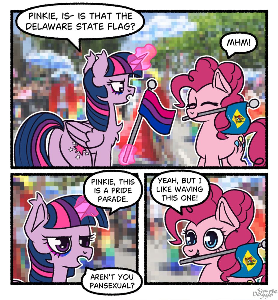 Twilight questioning Pinkie waving the Delaware state flag at pride.