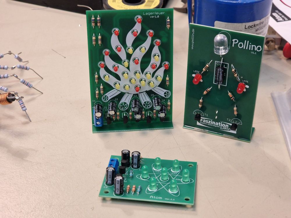 Three small assembled electronics kits