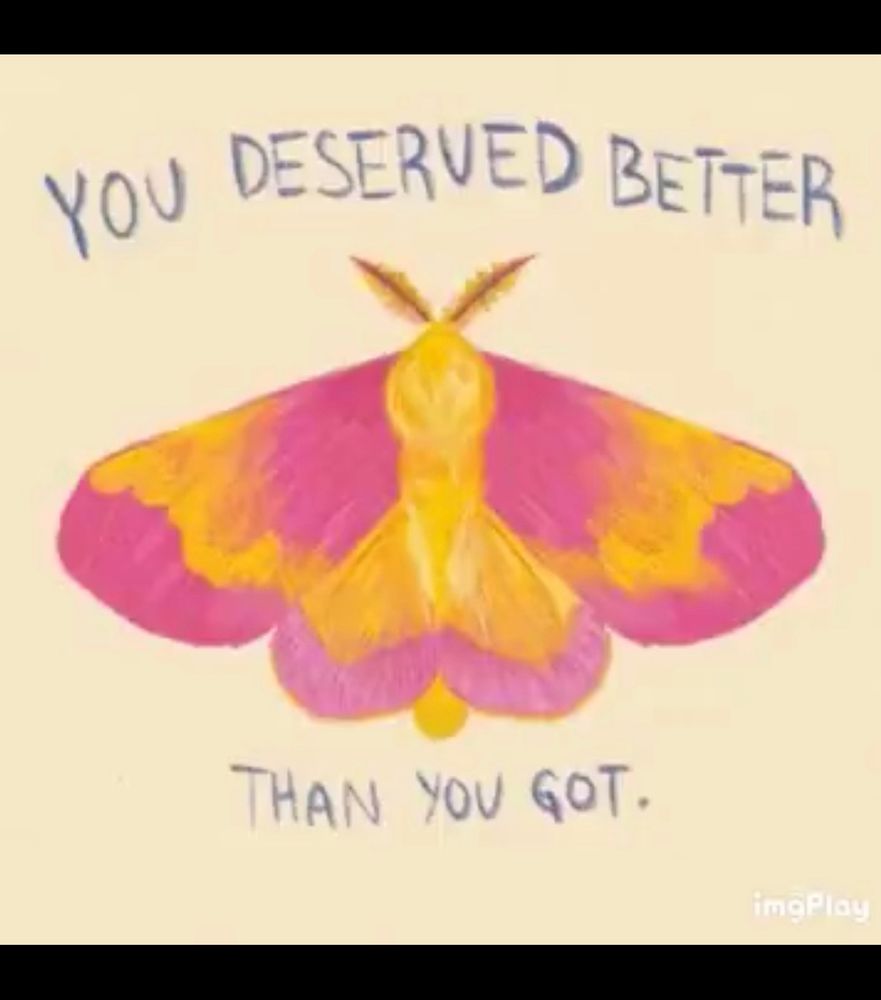 A pink and yellow moth illustration with the words you deserve better than you got