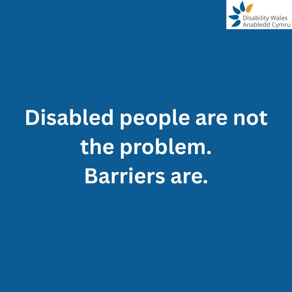 Bold white text on a dark blue background that reads: Disabled people are not the problem. Barriers are. DW's logo is place in the top right corner.