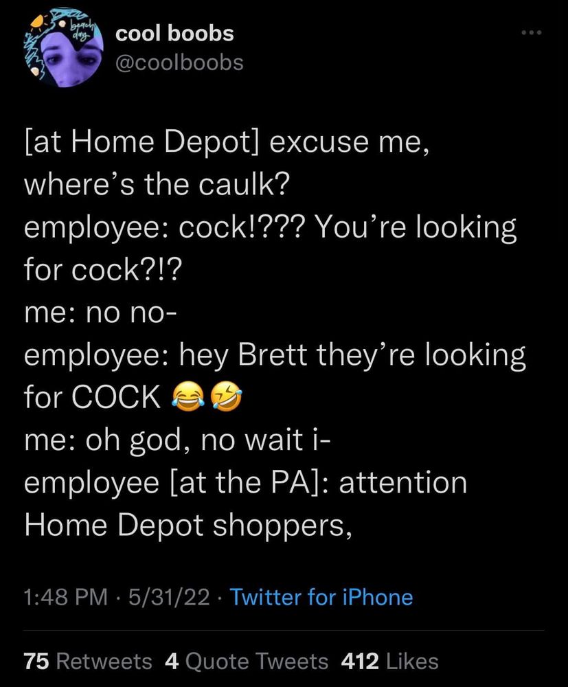 Twitter Post that reads…

“[at Home Depot] excuse me, where's the caulk? 
employee: cock!??? You're looking for cock?!?
me: no no-
employee: hey Brett they're looking for COCK
me: oh god, no wait i-
employee [at the PA]: attention
Home Depot shoppers,”
