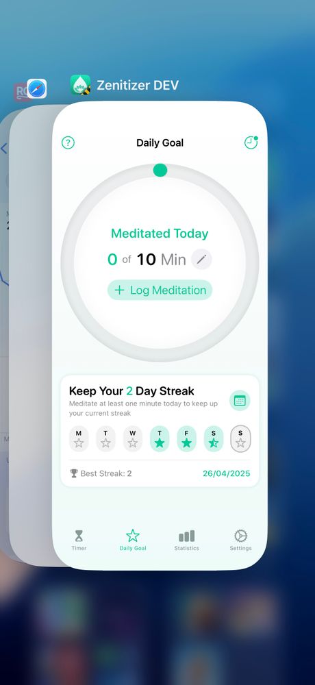 A screenshot showing the Zenitizer DEV app name and the construction style icon in the app switcher meaning that this was merely the development version of the app and my personal streak is still intact.